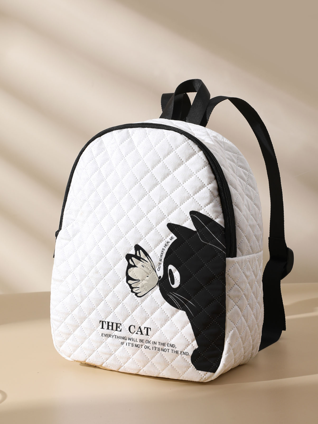 Mini Backpack Purse - 검은 고양이 나비 프린트 누빔 컴팩트